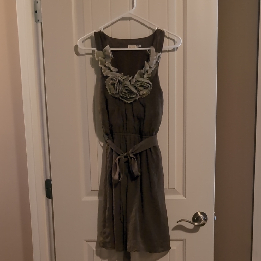 Blue Bird Sleeveless Taupe Floral Appliqué Dress